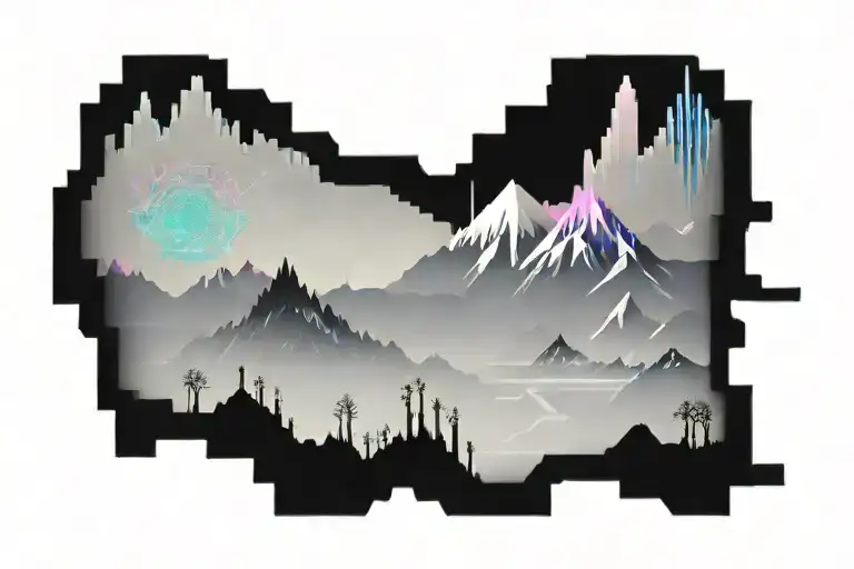 Pixelated Mountain Landscape In Cyber Punk