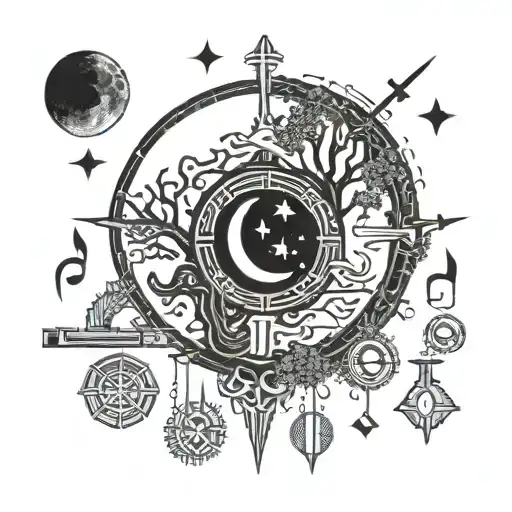 Albanian Symbols Forming A Moon Shape Surrounded By Musical Instruments And Trees