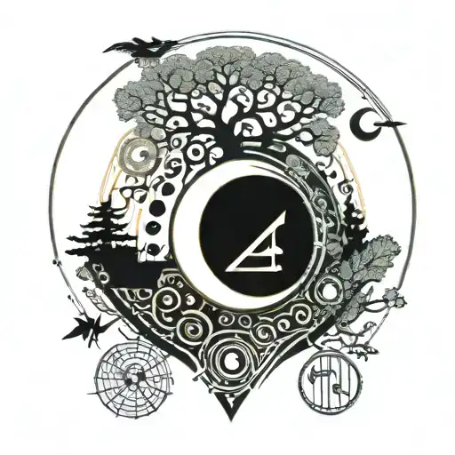 Albanian Symbols Forming A Moon Shape Surrounded By Musical Instrument Cifteli And Trees