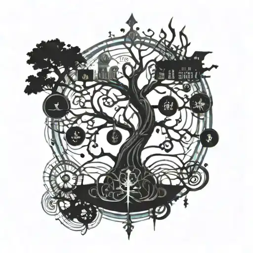 A Family Tree Tattoo With Musical Notes And Instruments Intertwined In Blackwork Style