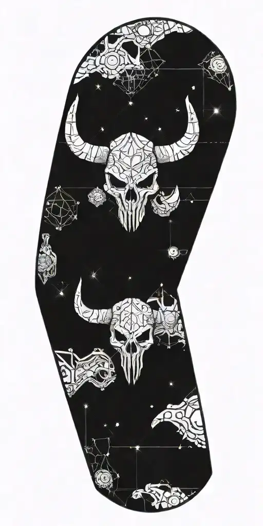 Minotaur Skull With Alien Skull And Space Background With Broken Alien Spaceships