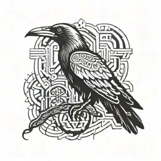 Get Black And White Tribal Sigil Tattoos With A Raven In Front And Open Wings