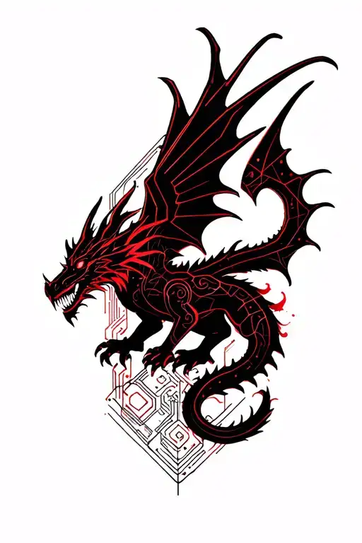Dragon With Wings In Black And Red