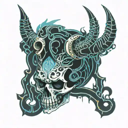 Human Skull With Flaming Ram Horns On A Blue Background