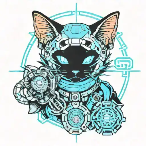 Cyberpunk Shinobi Demon Cat Girl With Blue Hair Holding Kunais