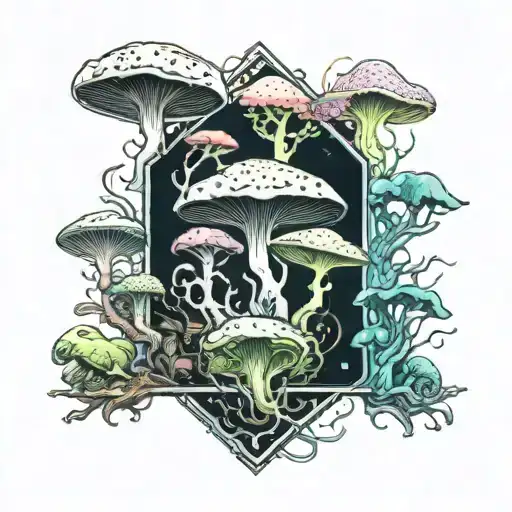 Mushrooms And Beautiful Branches With Frogs