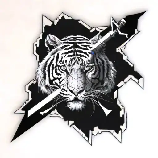 There Is A Sword And A Tiger On A Big Stone