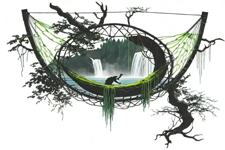 A Hammock In The Woods Beside A Raging River With A Majestic Waterfall