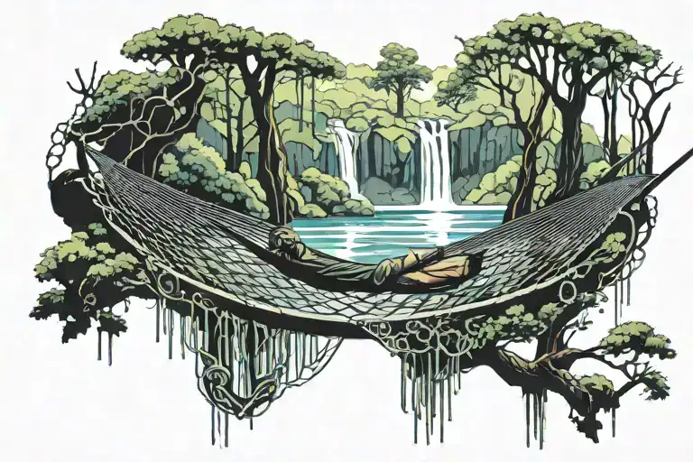 A Hammock In The Woods Beside A Raging River With A Majestic Waterfall