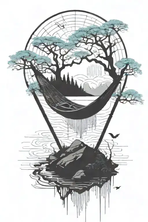 A Empty Hammock In The Woods Beside A Raging River With A Majestic Waterfall