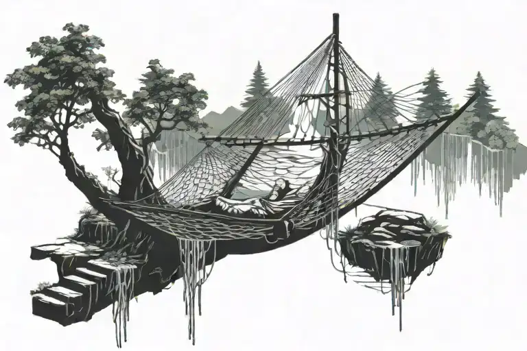 A Hammock In The Woods Beside A Raging River With A Majestic Waterfall
