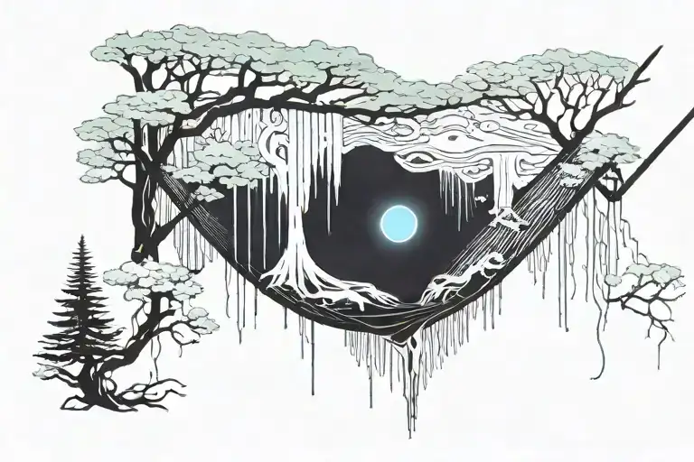 A Hammock In The Woods Beside A Raging River With A Majestic Waterfall