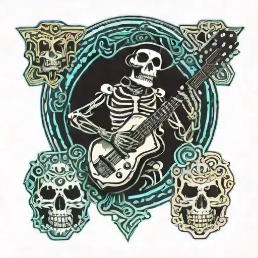 American Traditional Inspired Skeleton Mariachi Playing Guitar