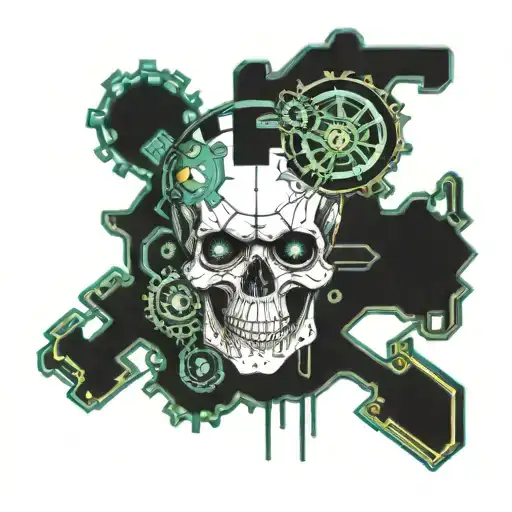 Skull And Gears With Cross Hatching