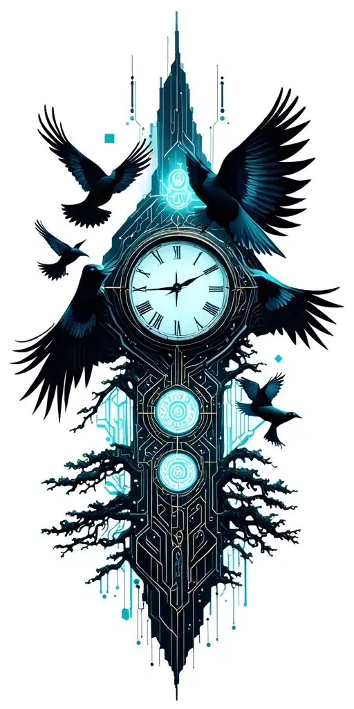 Moutains Tree Clock Birds Flying
