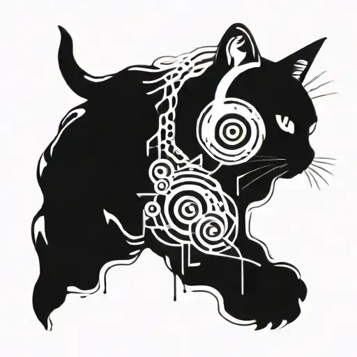 A Tattoo Of A Cat Wearing Headphones Surrounded By Electric Waves And Music Notes