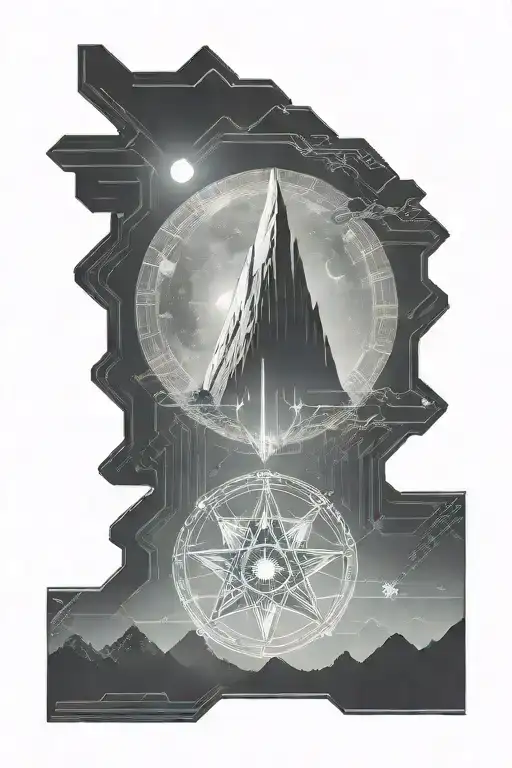 Moon And Mauntain With Long Straight Lines Above And Below