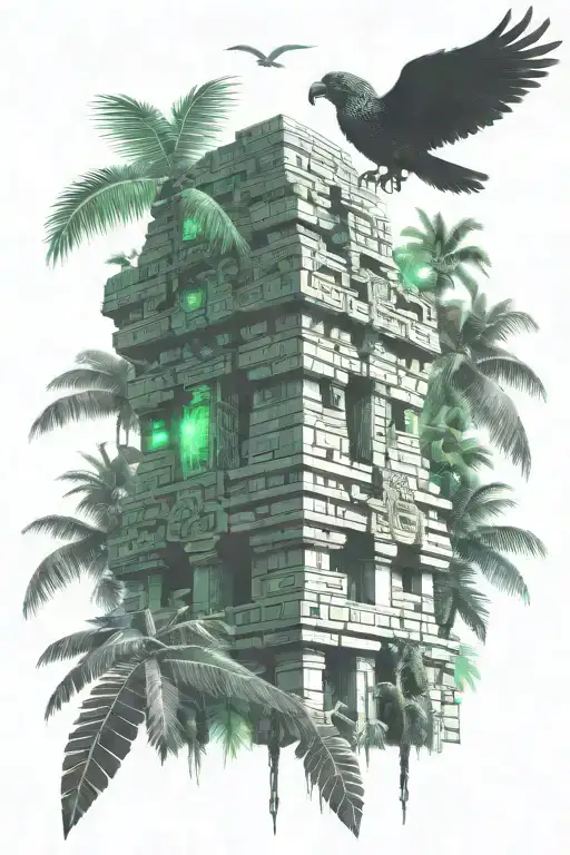 Quetzal Bird Over Mayan Temple In Banana Tree Forest
