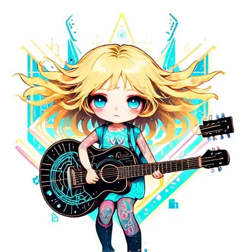 Blonde Chibi Girl With Messy Hair Playing Acoustic Guitar
