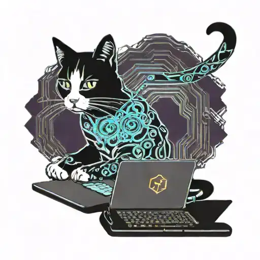 A Tattoo Of A Cat Programmer Coding On A Laptop With Digital Code Swirling Around Them