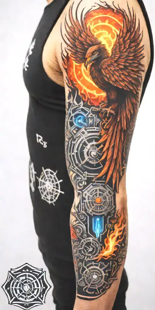 Firefighter Sleeve Tattoo Featuring Phoenix And Water
