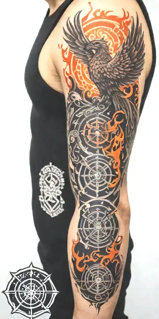 Firefighter Sleeve Tattoo Featuring Phoenix And Water