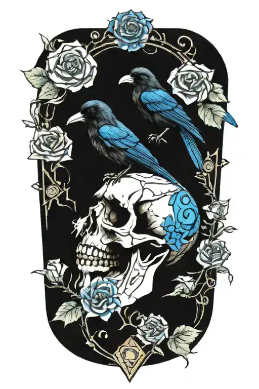 Raven On Skull With Blue Roses
