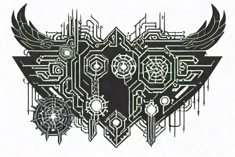 Magical Symbols To Close Full Neck And Chest Tattoo In A Cyberpunk Mode