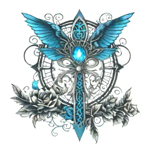 Ankh On A Bed Of Roses With Blue Accent And Feathers