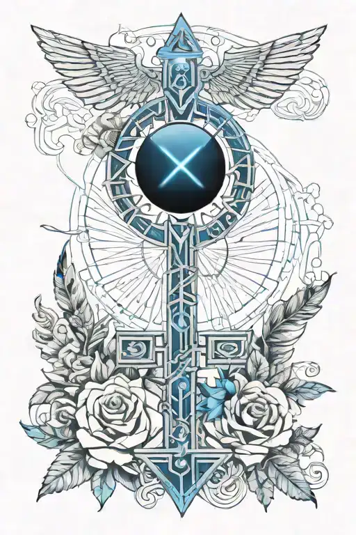 Ankh On A Bed Of Roses With Blue Accent And Feathers