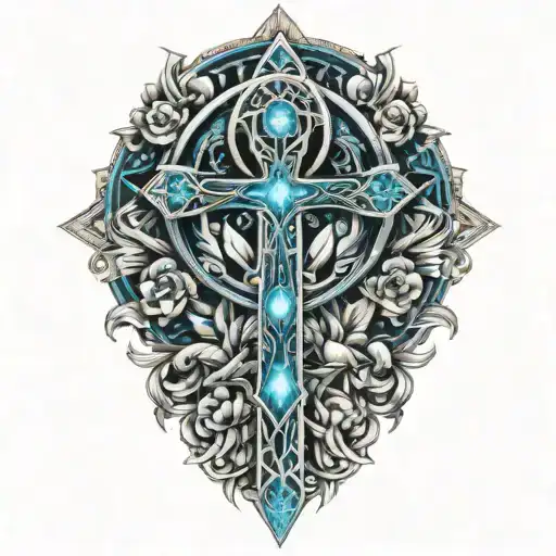 Ankh On A Bed Of Roses With Blue Accent And Feathers