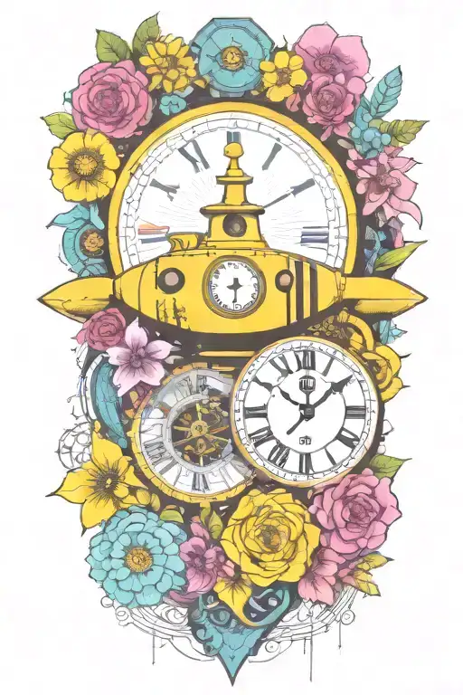 Yellow Submarine With Colorful Flowers And Clock And Rainbow