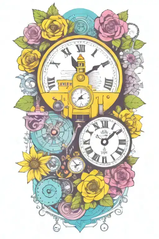Yellow Submarine With Colorful Flowers And Clock And Rainbow