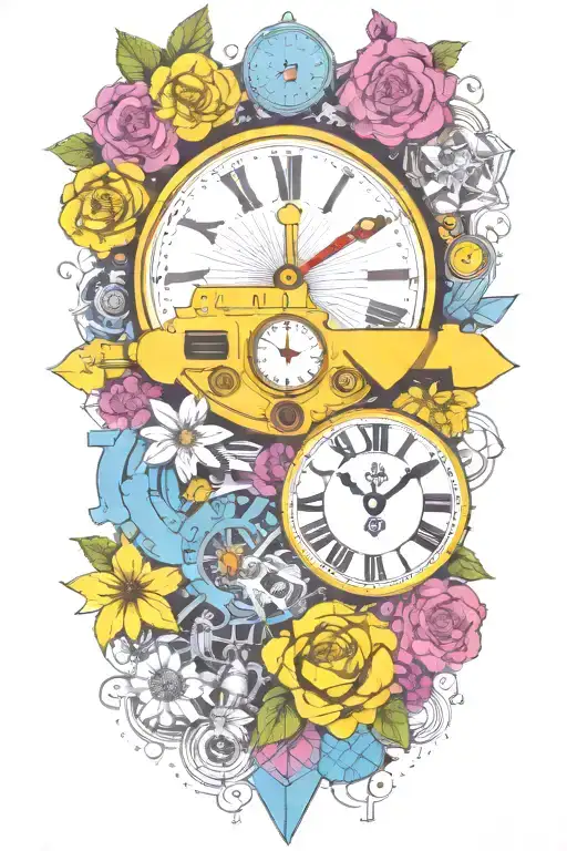 Yellow Submarine With Colorful Flowers And Clock And Rainbow