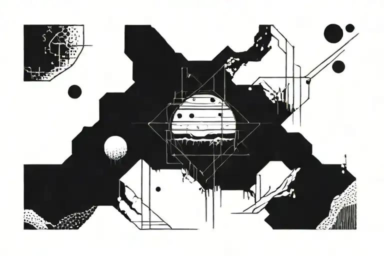 Black And White Minimalist Tatoo Featuring An Alien Planet With Deserted Landscape