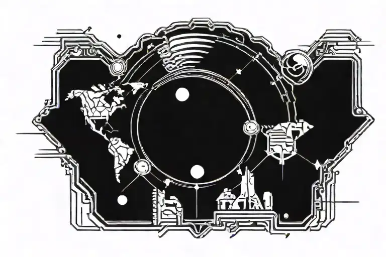 Black And White Minimalist Tatoo Featuring An Alien Planet With Deserted Landscape