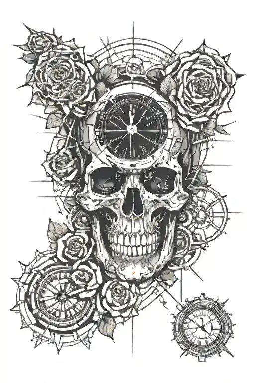 Skull And Roses And Clock