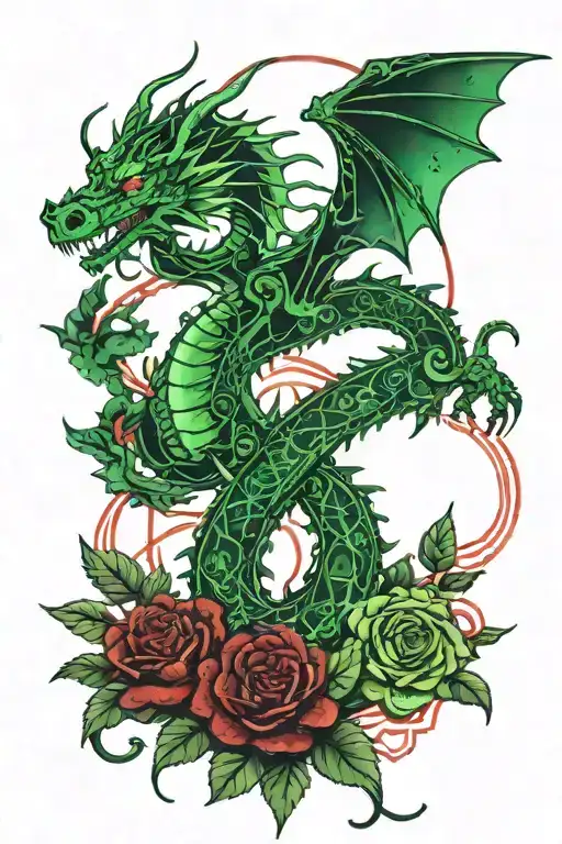 Green Dragon Above Red Roses Intertwined