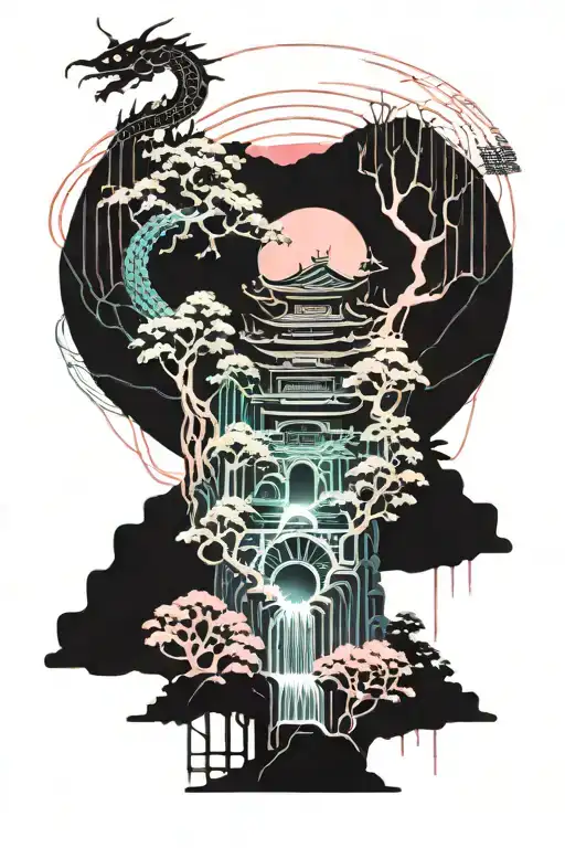 Japanese Style Trees And Waterfall With Small Dragon