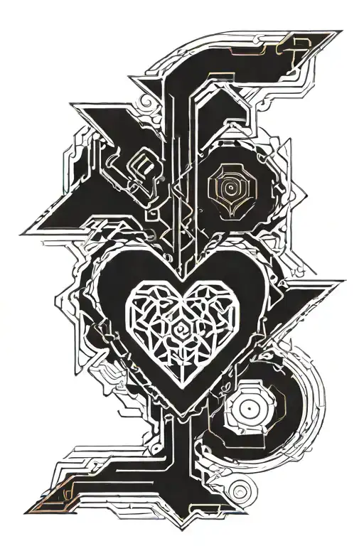 Black Ink Tattoo With A Heart In Center An Lines And Runes