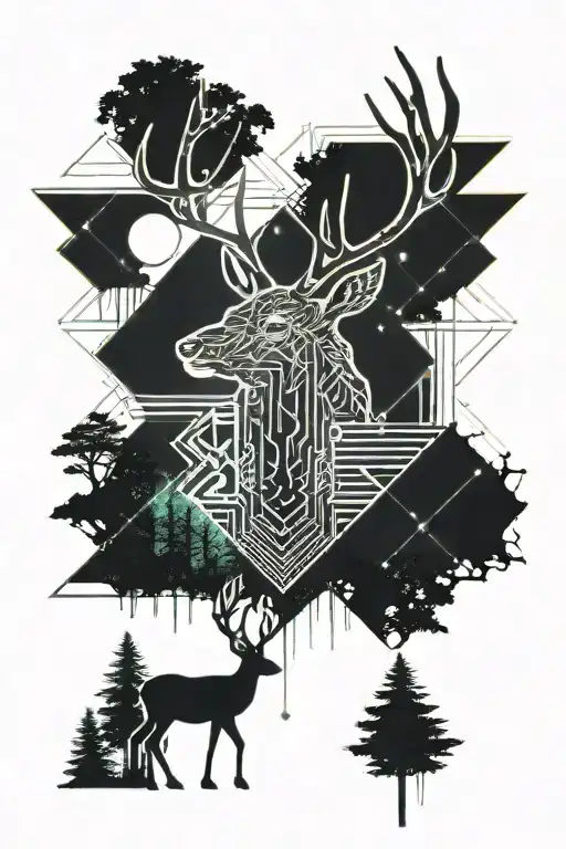 Forrest With Deer Head With Trees