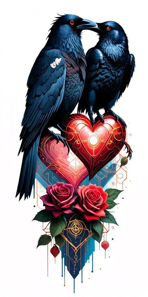 Crows And Roses Intertwined Hearts