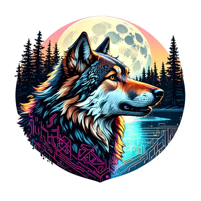 Adult Wolf Howling At The Moon In The Distance With Forest Lake Behind