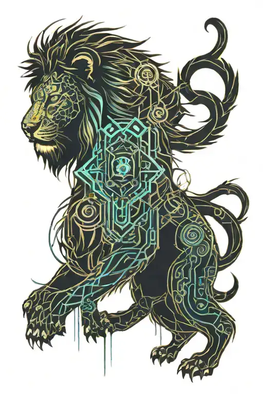 Lion And Dara Knot Intertwined Along Spine