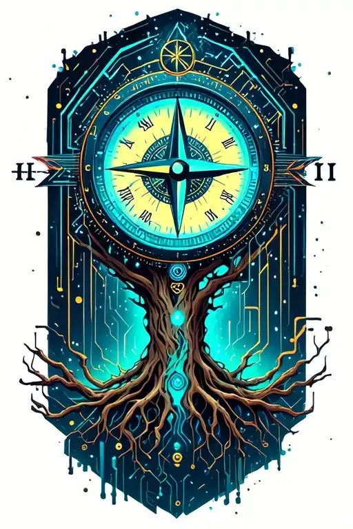 Tree With Time Clock And Compass