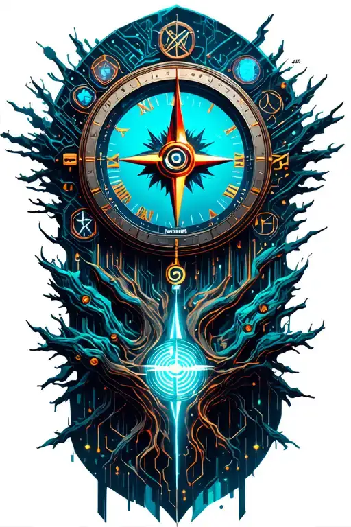 Tree With Time Clock And Compass Wirh Lighting