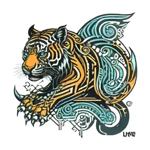 Biomechanical Polynesian Tiger Tattoo Calf Colored
