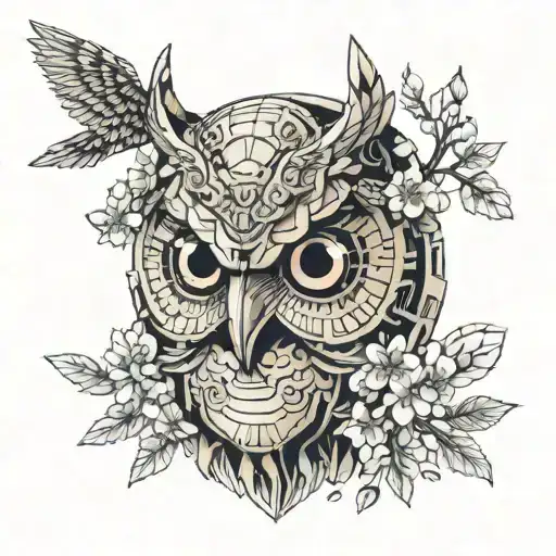 Athena Owl Mask Surrounded By Cherry Blossoms And Athena Owl Coin