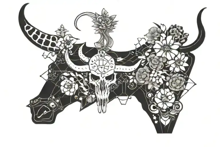 Longhorn And Skull And Flowers