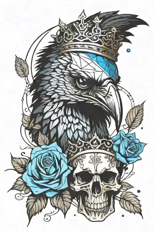Raven Wearing Crown With Blue Rose And Skull